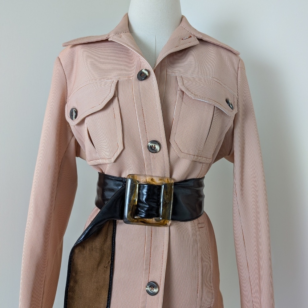 70's Pinstripe Blazer Size Medium Overcoat Pastel Dagger Collar Vintage Office - Picture 6 of 14